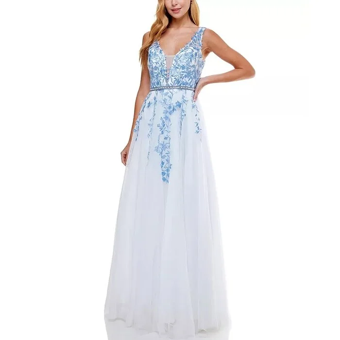 Say Yes To The Prom Junior's Embellished Embroidered Gown Blue Size 3