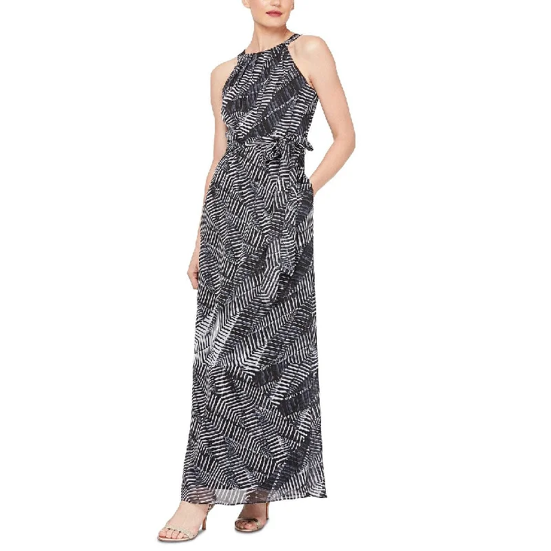 SL Fashions Women's Printed Tie-Waist Maxi Dress Charcoal Size 16