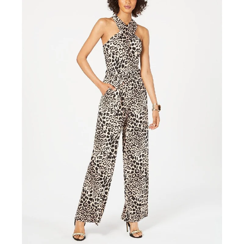 Tahari ASL Women's Animal-Print Halter Jumpsuit Med Beige Size 16