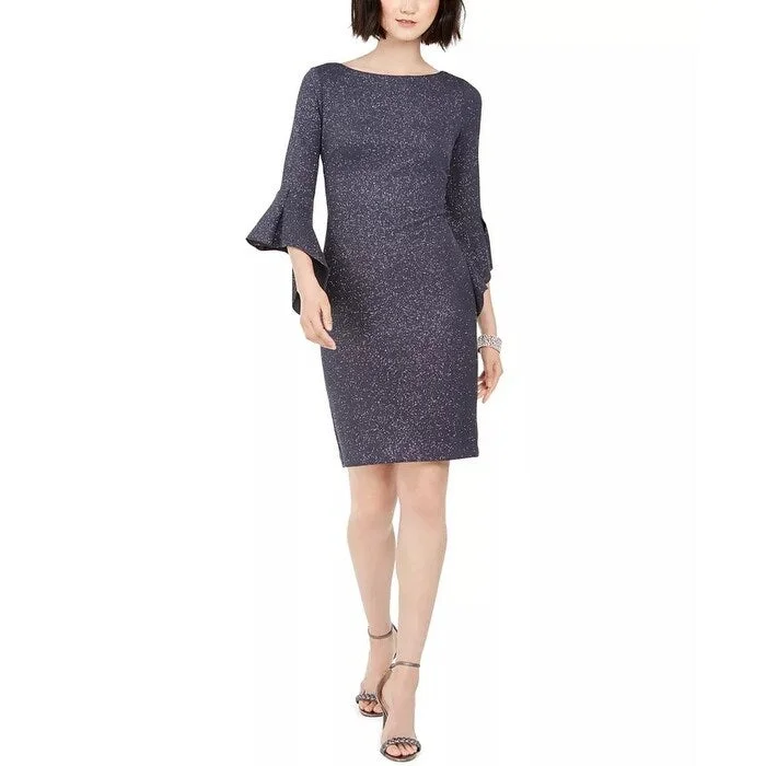 Vince Camuto Women's Metallic Bell-Sleeve Sheath Dress Gray Size 14