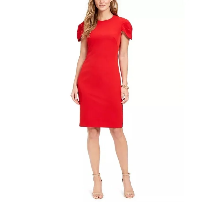 Vince Camuto Women's Pleat Cap Sleeve Crepe Sheath Dress Red Size 14