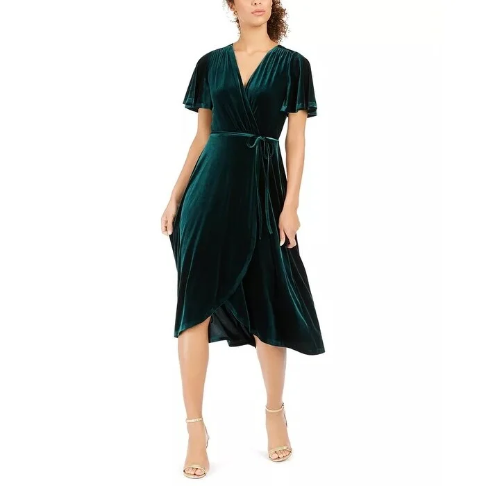 Vince Camuto Women's Velvet Faux-Wrap Dress Dark Green Size 0