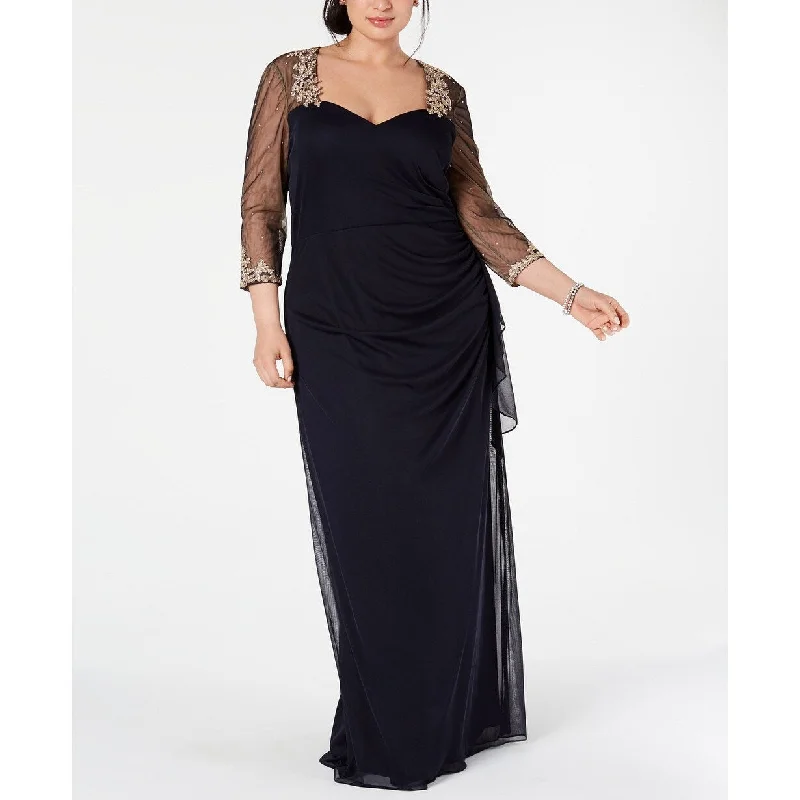 XSCAPE Women's Plus Size Embellished Illusion Sleeve Ruched Gown Dark Blue Size 20W