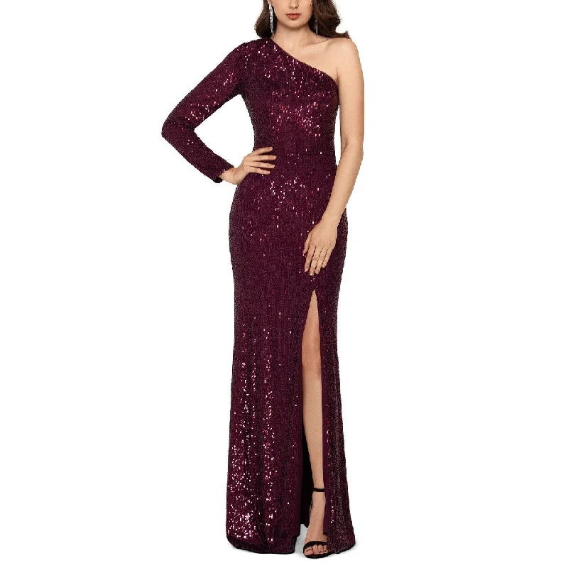 Xscape Women's Sequinned One-Shoulder Gown Red Size 14