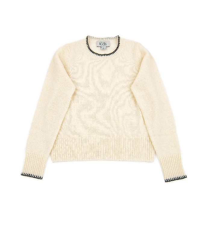 Autumn Cashmere Girls Ivory/Black Trim Crew Sweater