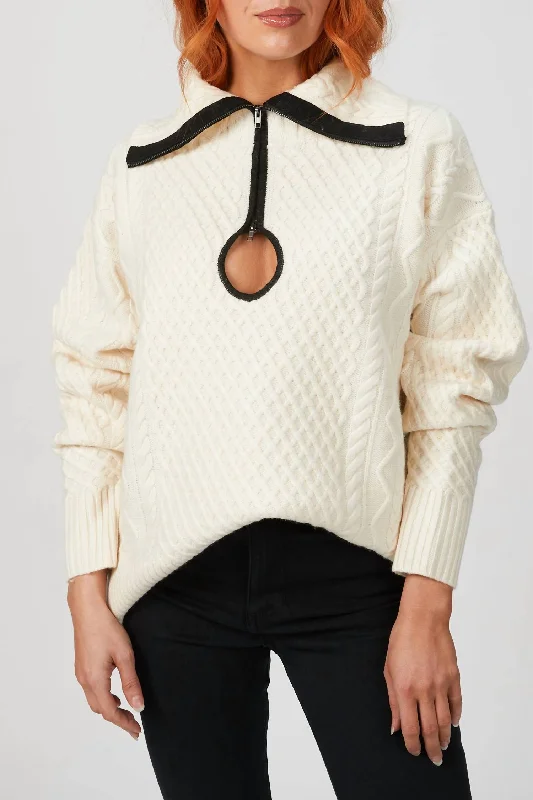 Cable Knit Key Hole Sweater In Ivory