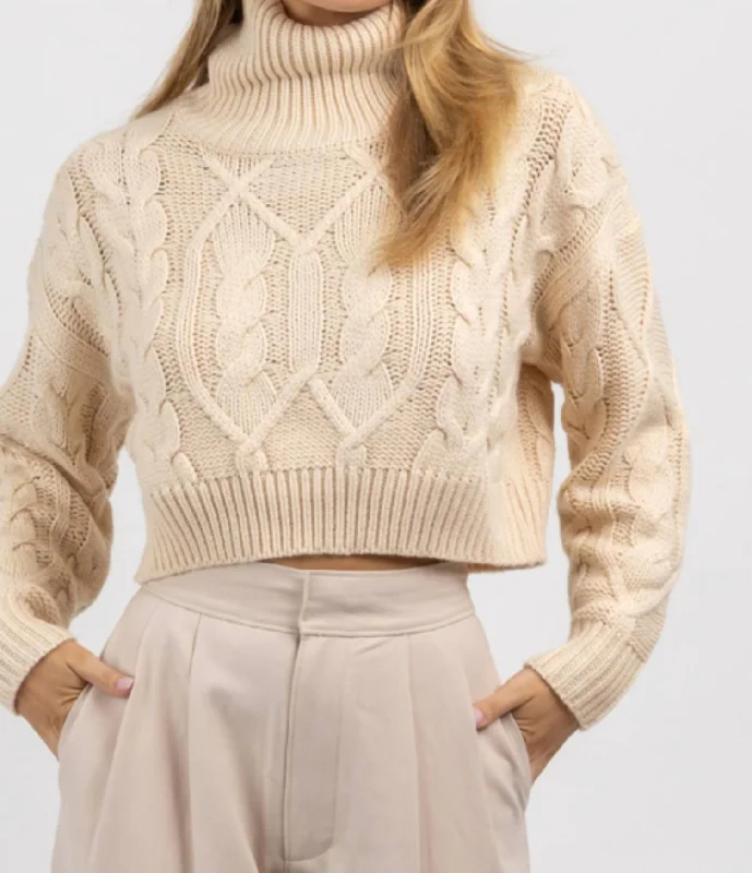 Cableknit Turtleneck Crop Sweater In Neutral