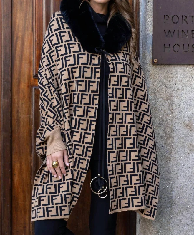 Camel/black Knit Poncho In Black/camel