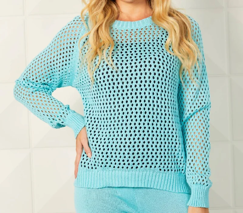 Crochet Crew Neck Sweater In Aqua