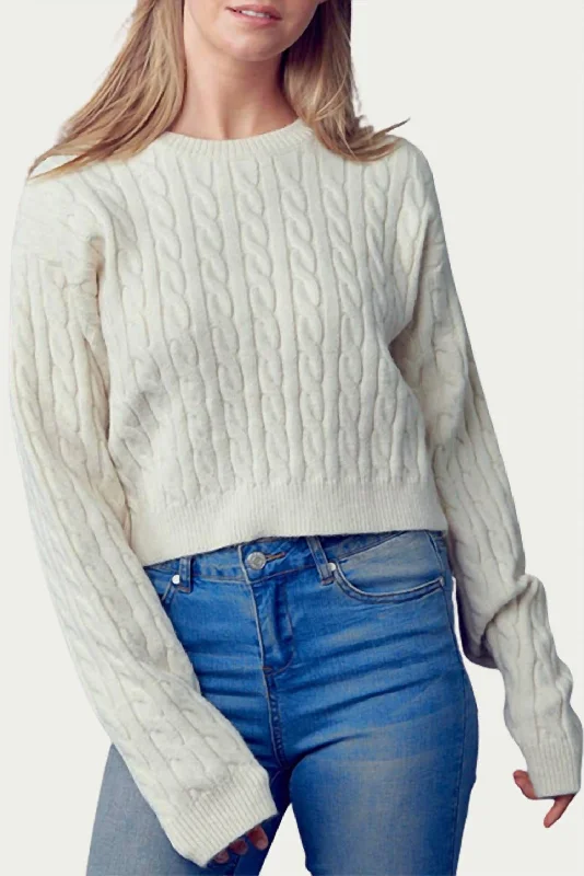 Cropped Cable-Knit Crewneck Sweater In Cream