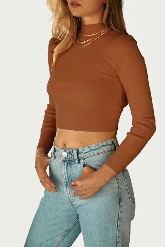 Cropped Open-Back Mock Neck Sweater In Amber Brown