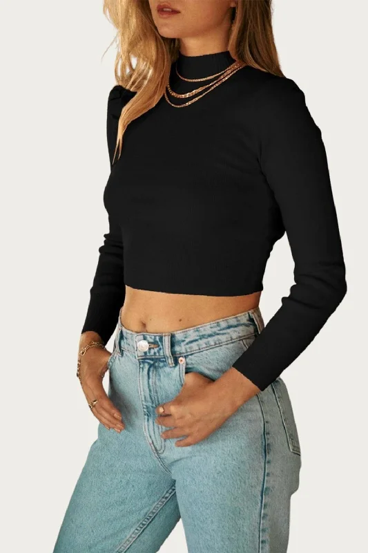 Cropped Open-Back Mock Neck Sweater In Black