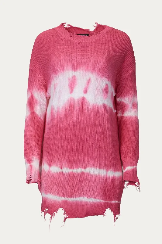 Distressed Tie-Dye Cotton Sweater In Hot Pink