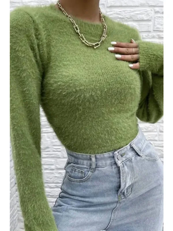 Fuzzy Open Back Sweater In Green