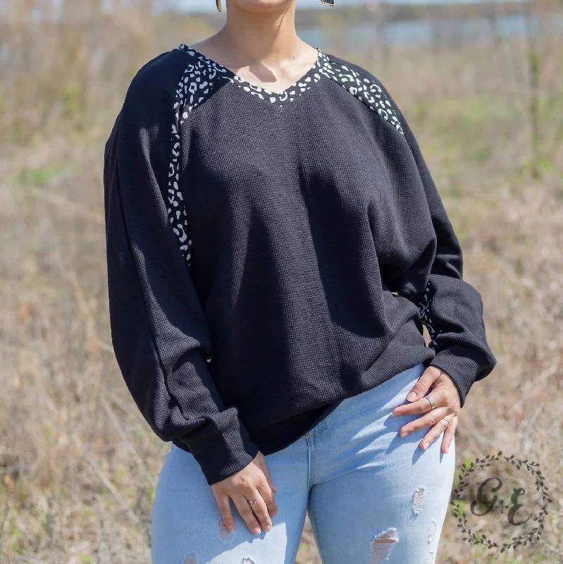 Glad You Exist Waffle Batwing Long Sleeve Top In Black