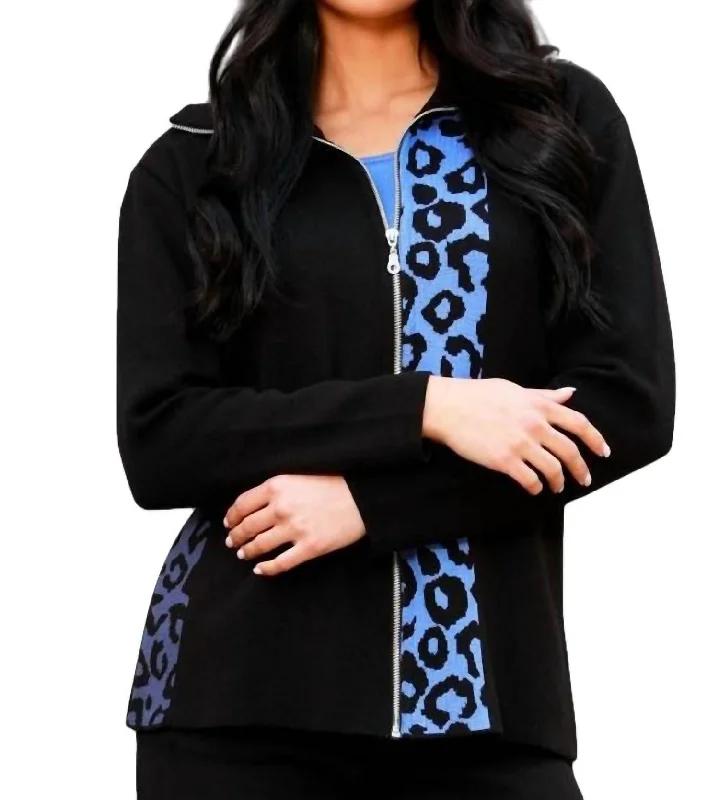 Leopard Zip Cardigan In Black/periwinkle