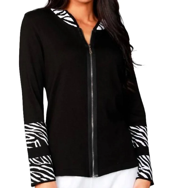 Long Sleeve Zip Cardigan In Black