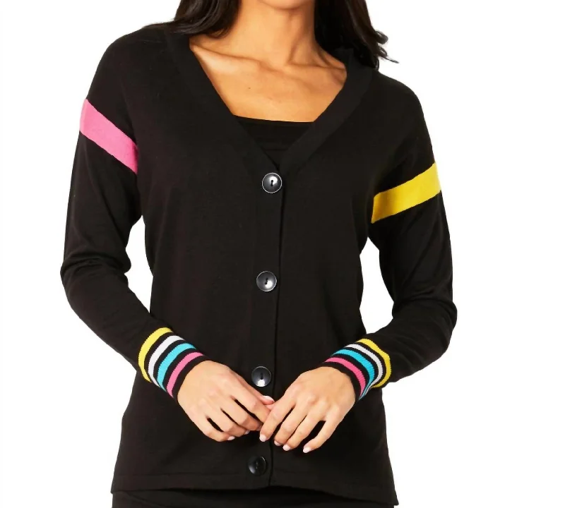 Multi Color Stripe Button Cardigan In Black