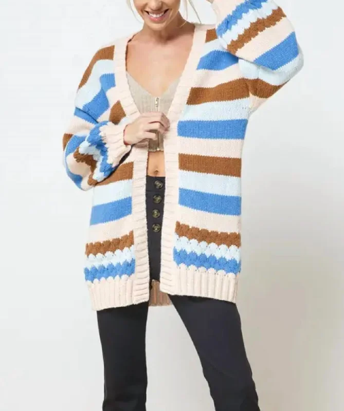 Multicolor Striped Open-Front Cardigan In Blue/cream/brown/light Blue