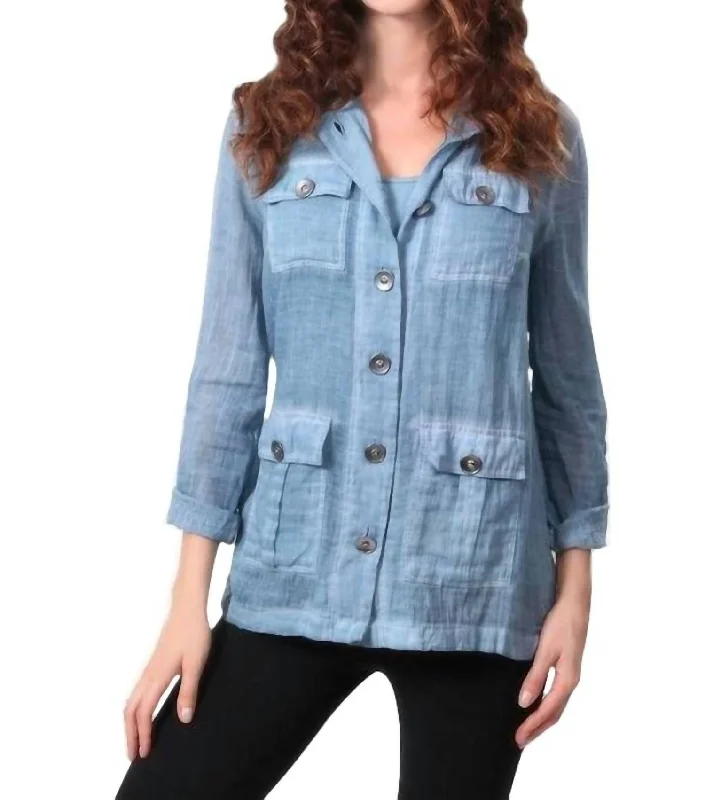 Oil Wash Hooded Button-Up Cardigan In Denim