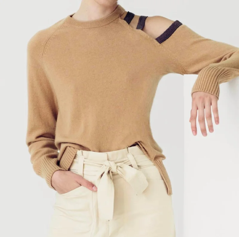 Open Shoulder Embellished Sweater In Camel