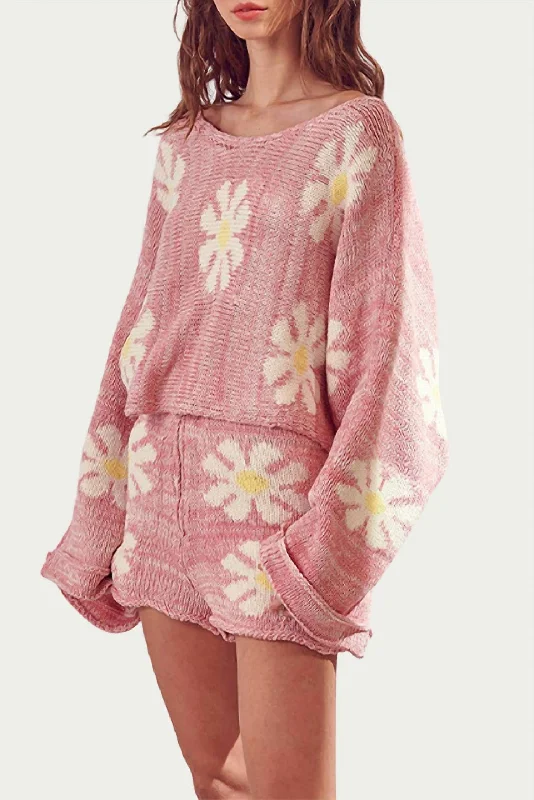 Oversized Retro Cotton-Blend Sweater In Pink