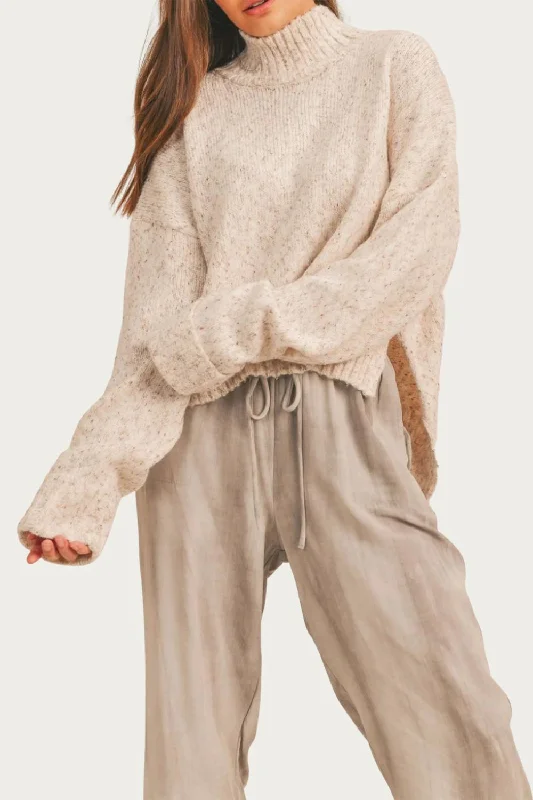 Oversized Ribbed Turtleneck Sweater In Oatmeal