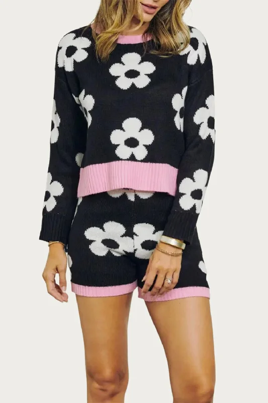 Retro Floral Knit Crewneck Cropped Sweater In Black/white/pink