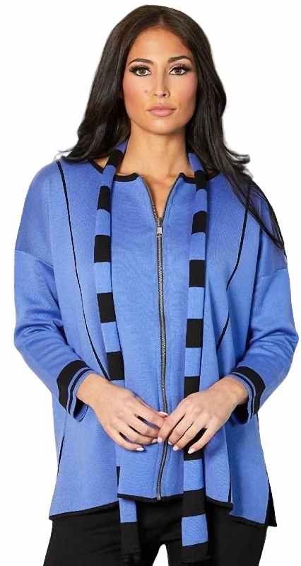 Reversible Zip Poncho With Stripe Scarf In Periwinkle