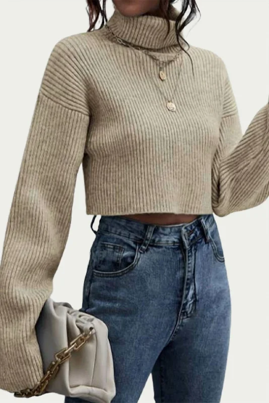 Ribbed-Knit Cropped Turtleneck Sweater In Khaki