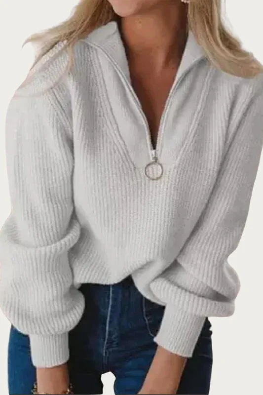 Ribbed-Knit Half-Zip Sweater In Grey