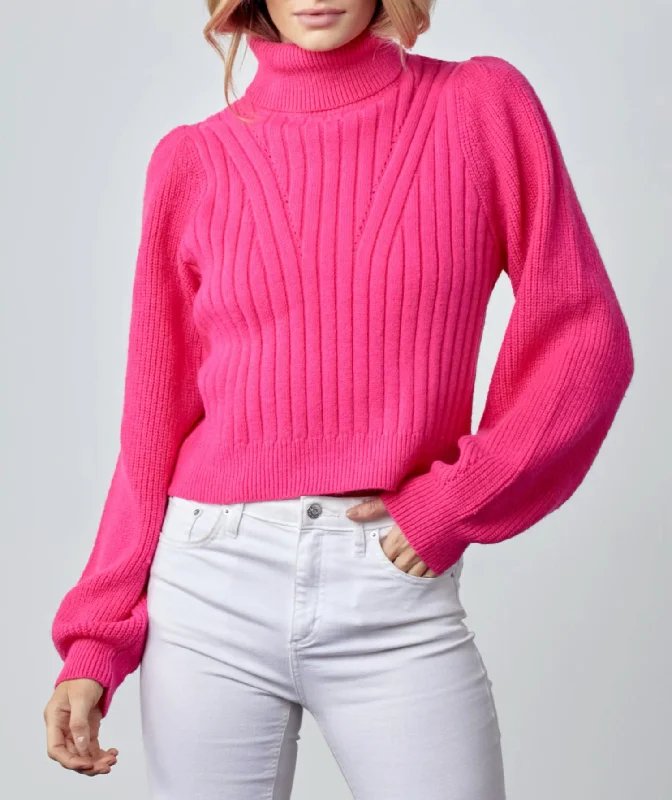 Ribbed Turtleneck Sweater In Hot Pink