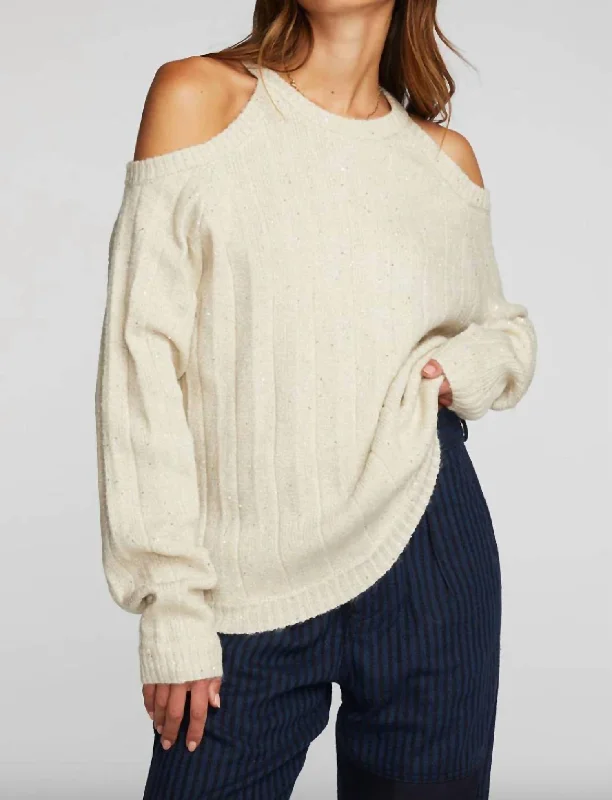 Sequin Knit Cold Shoulder Sweater In Cream