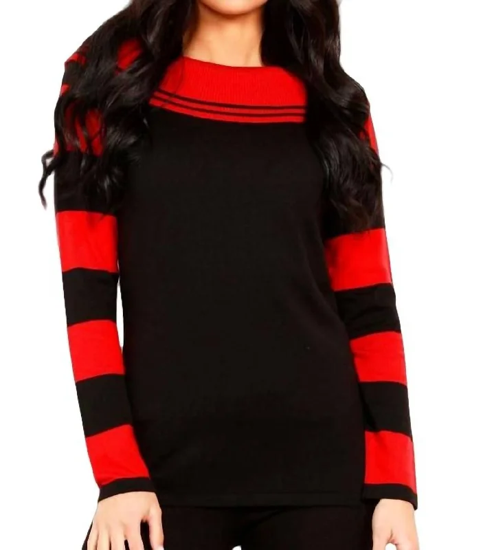 Stripe Cowl Neck Sweater In Black/red