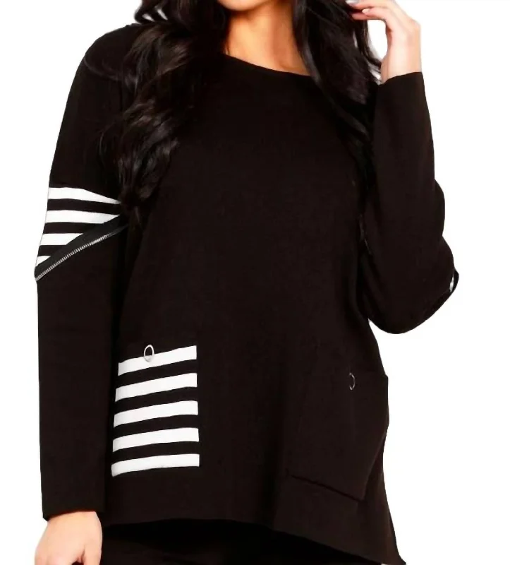 Striped Pocket Poncho In Black/white