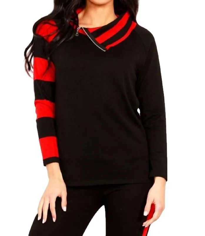 Striped Zip Neck Sweater In Black/red