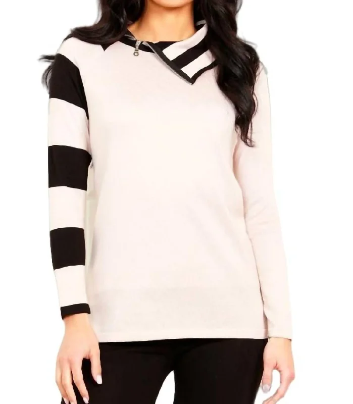 Striped Zip Neck Sweater In Stone/black