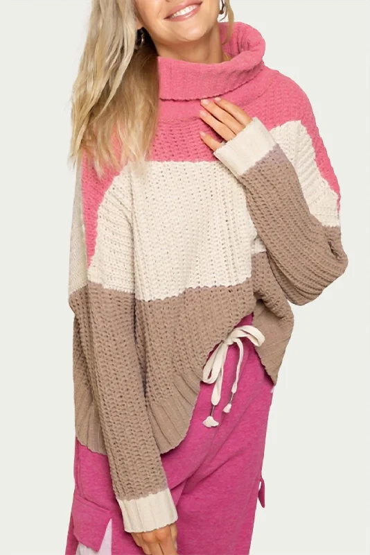 Textured Colorblock Turtleneck Sweater In Bubblegum Pink Multi