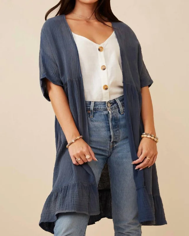 Textured Short Sleeve Kimono In Blue