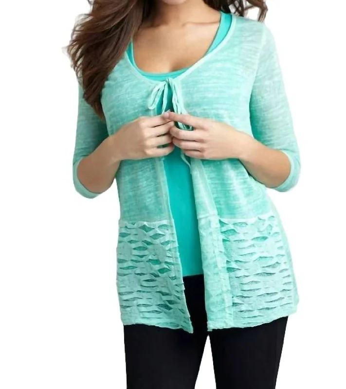 Tie-Front Melange Cardigan In Teal