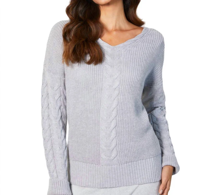 V-Neck Cable Knit Sweater In Slate