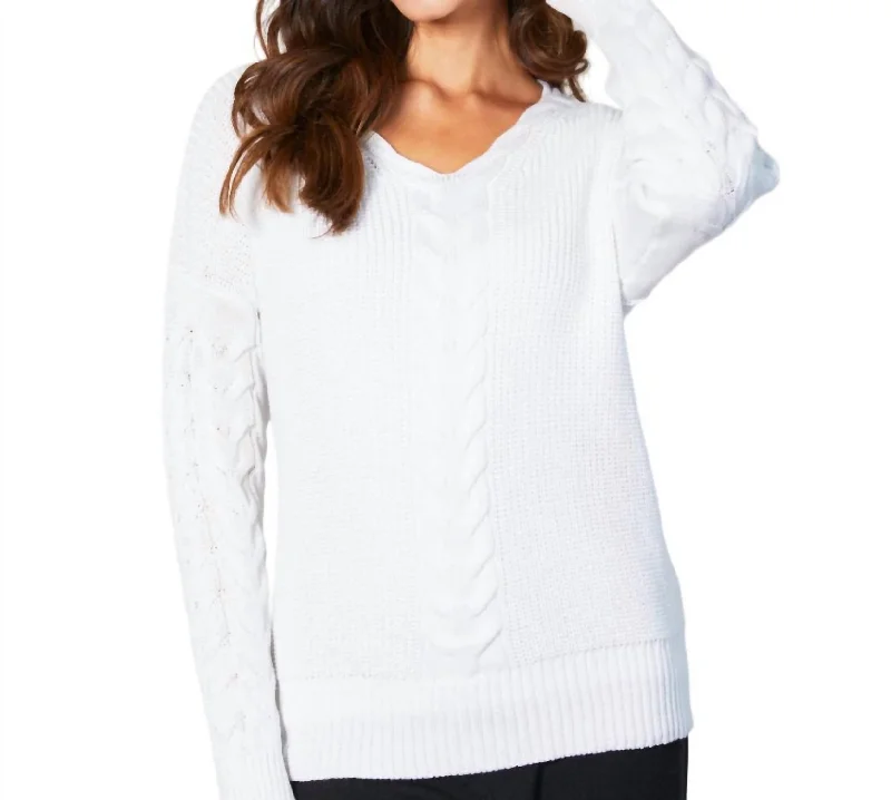 V-Neck Cable Knit Sweater In White