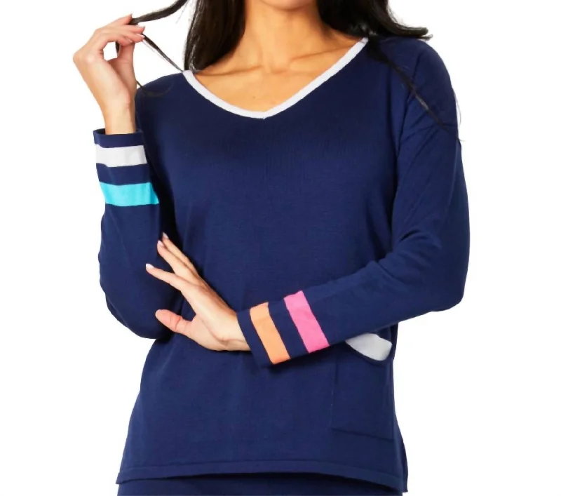 V-Neck Stripe Detail Pullover In Navy