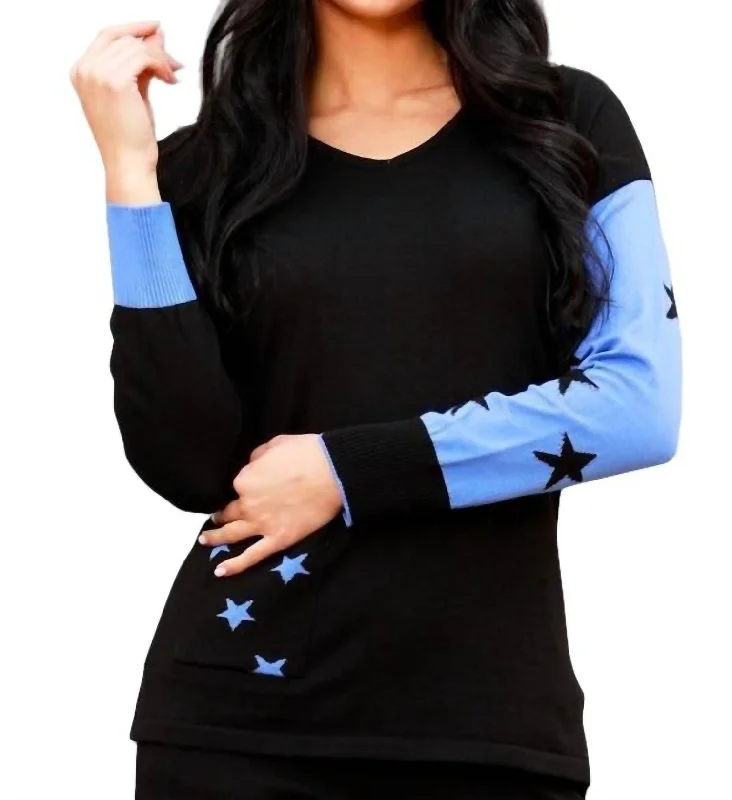 V-Neck Sweater With Stars In Black/periwinkle