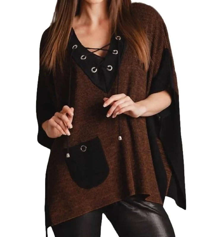 V-Neck Tie Up Poncho In Brown