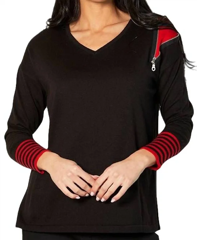 V-Neck Zipper Sweater In Black