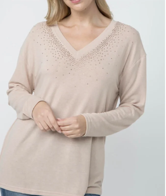 Vneck Long Sleeve Top With Stones On Neckline In Sand