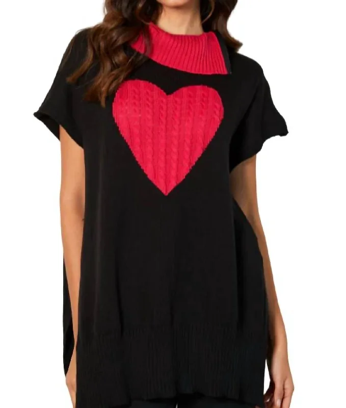 Zip Cowl Neck Heart Poncho In Black/rose