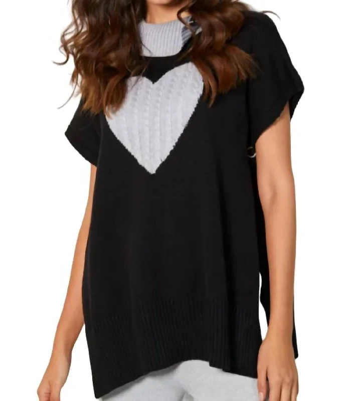 Zip Cowl Neck Heart Poncho In Black/slate