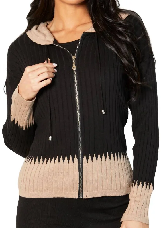 Zip Hoodie Ribbed Cardigan In Black/sand